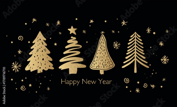 Fototapeta Golden Hand-Drawn Christmas Trees for New Year Celebration