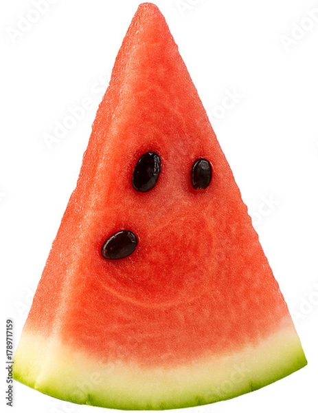 Obraz Triangular slice of watermelon with black seeds forming a playful face, isolated on white background