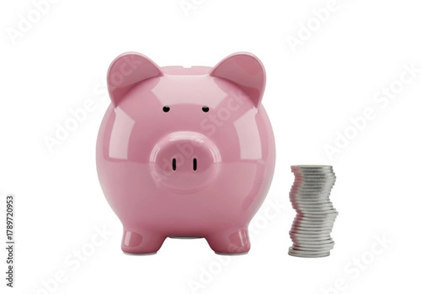 Obraz Glossy pink ceramic pig-shaped piggy bank with black button eyes, upturned snout, coin slot, with silver coins, on a transparent background. Concept of financial prudence