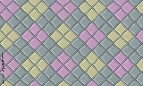 Obraz Pixel art diamond pattern in shades of dusty rose/pink, pale olive/yellow, and slate/grey-blue, retro or vintage geometric background. for fabric, wallpaper, digital design, background, card template
