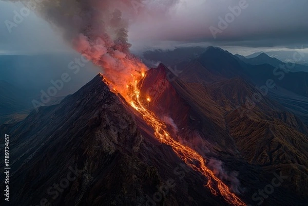 Fototapeta Volcanic eruption, fiery lava flows down a mountain slope, plumes of smoke