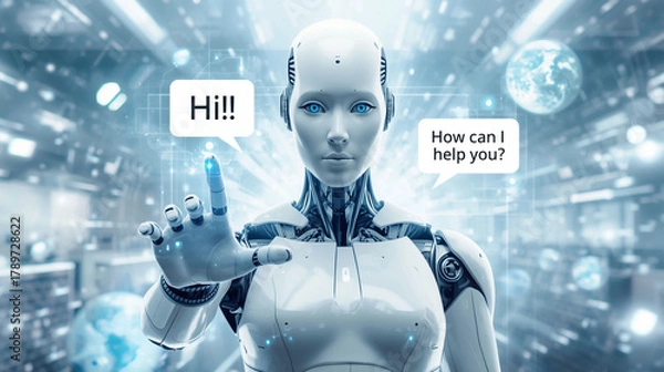 Fototapeta AI Robot Chatbot with Speech Bubbles: Digital Customer Service and Technology Banner