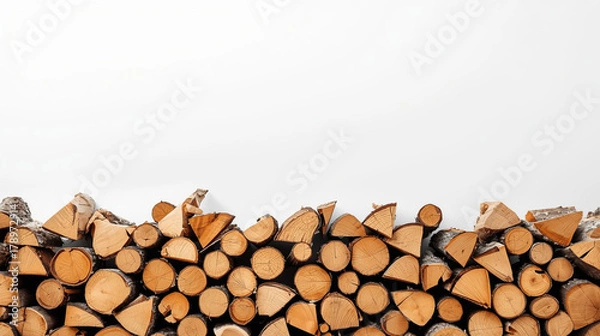 Fototapeta Stack of Split Firewood Log Pile Against a Clean White Background: Rustic Wood Texture