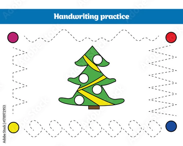 Fototapeta Handwriting practice sheet. Educational children game, restore the dashed line. Writing training printable Christmas Xmas and New Year holidays design