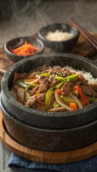 Fototapeta Sizzling dolsot bulgogi served in a traditional Korean stone bowl with colorful vegetables and rice