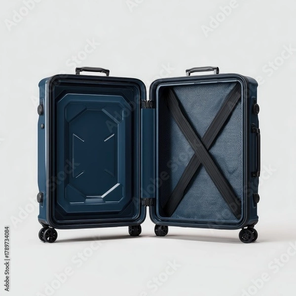Fototapeta Open navy blue hard-shell suitcase, showcasing interior