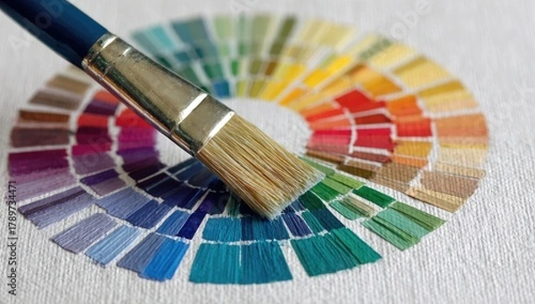 Fototapeta Paint swatches arranged in a circle, with a paintbrush