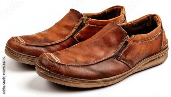 Fototapeta Worn brown leather slip-on shoes.  Paired, used, casual, leather footwear