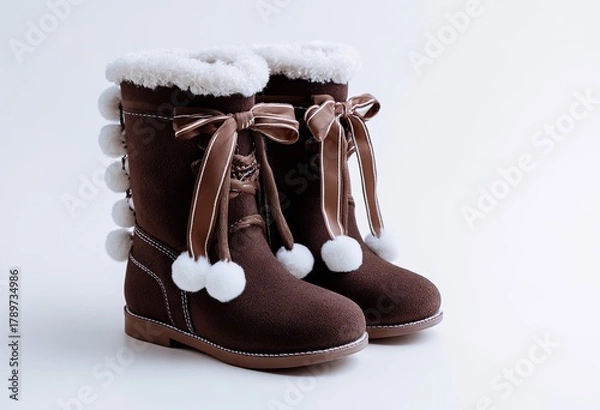 Fototapeta Pair of brown suede winter boots with faux fur trim and decorative bows
