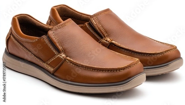 Fototapeta Pair of tan leather slip-on shoes,  showing detailed stitching and a cushioned sole