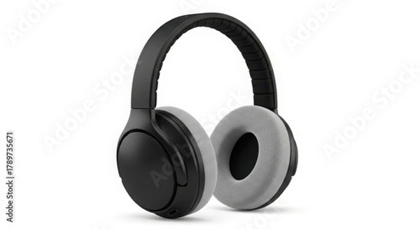 Fototapeta Modern black over-ear headphones with soft grey ear pads, isolated on a clean white background, representing sound, music, and audio technology. illustration