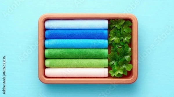 Fototapeta Rolled up towels in shades of blue, green, and pink are arranged in a wooden tray next to vibrant green leaves, set against a light blue background.