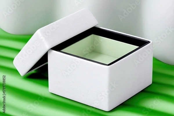Fototapeta An open white box with a light green interior sits on a bright green surface with wavy lines.