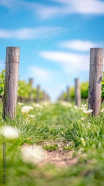 Fototapeta A narrow dirt path winds through a lush vineyard, bordered by weathered wooden posts and dotted with small white wildflowers, leading towards a bright blue sky.