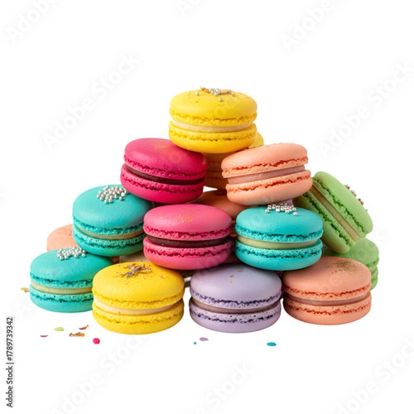 Fototapeta A Vibrant Assortment of Colorful Macarons Piled Together Against a Black Background with Sprinkles Scattered Around