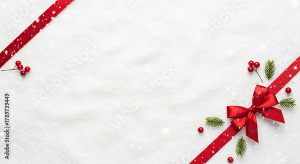 Obraz Elegant red ribbon bow adorns snowy background with festive holly berries and pine sprigs, perfect for holiday promotions and winter greetings.