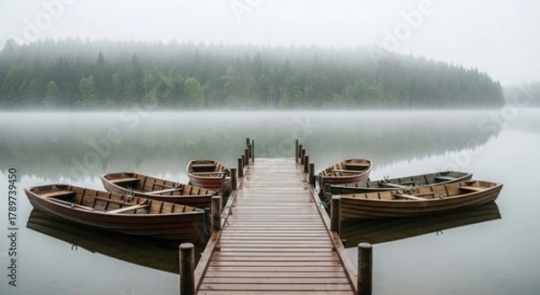 Fototapeta Wooden pier extending into a serene, misty lake at dawn, with traditional rowboats gently moored, reflecting a tranquil forest and fog illustration