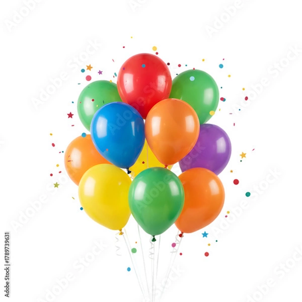 Fototapeta A vibrant cluster of colorful party balloons floats against a transparent background with confetti adding to the festive atmosphere