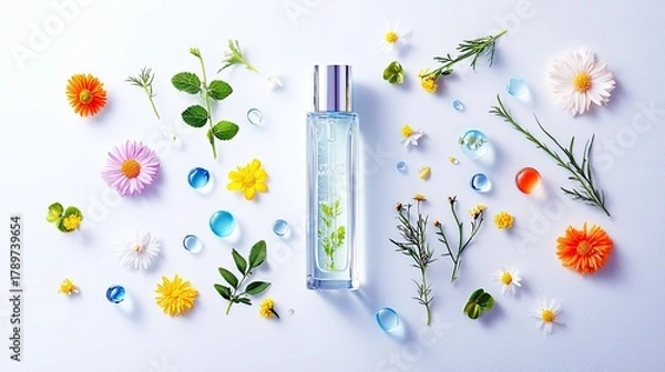 Fototapeta A clear perfume bottle with green sprigs inside is artfully arranged with various small flowers, leaves, and water droplets on a soft blue surface.
