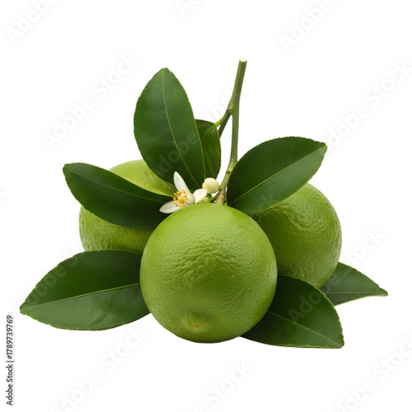 Fototapeta A Vibrant Cluster Of Three Ripe Green Limes With Fresh Leaves And A Delicate White Blossom Isolated On A Transparent Background