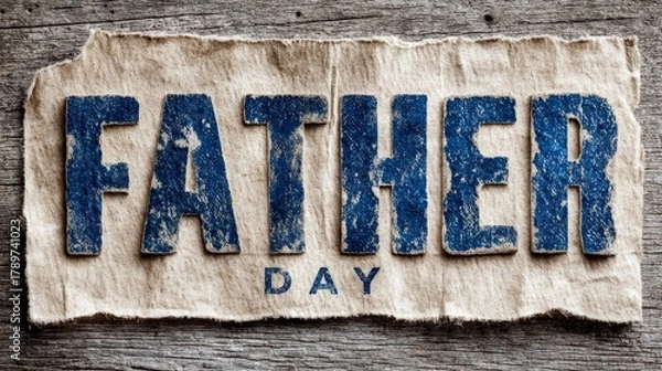 Obraz The words "FATHER DAY" are spelled out in textured blue letters on a piece of crumpled brown paper, laid over a rustic wooden background.