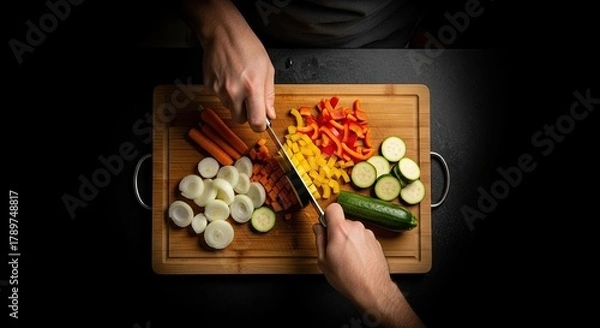Obraz Two people chopping colorful vegetables on a wooden cutting board