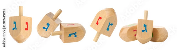 Fototapeta Set, Colorful Hebrew-lettered dreidels on white, isolated, PNG