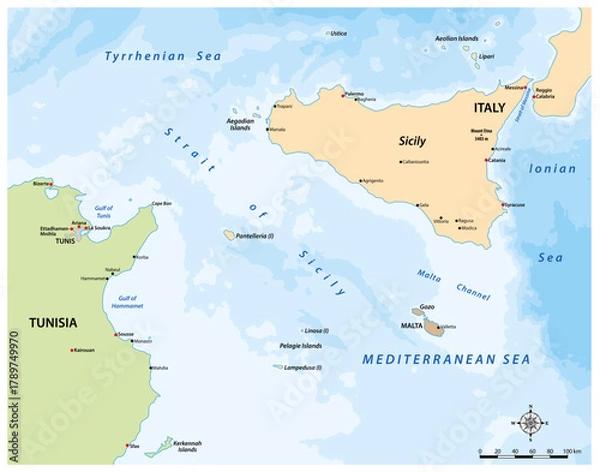 Fototapeta Map of the Strait of Sicily between Italy and Tunisia