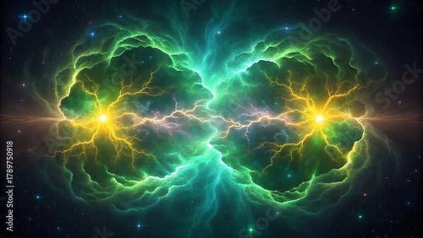 Fototapeta Cosmic Energy Collision – Symmetrical Green Nebulae with Lightning Bursts in Deep Space