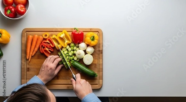 Obraz Chef Slicing Fresh Vegetables on a Wooden Cutting Board for a Healthy Meal