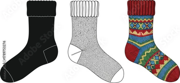 Obraz Illustration of three different socks, including a black sock, a striped sock, and a colorful patterned sock