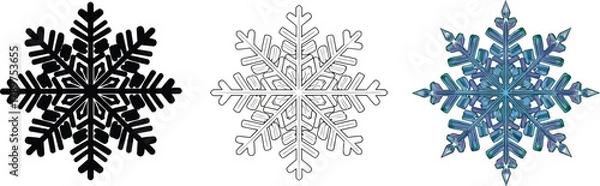 Obraz Three snowflakes in different styles silhouette, outline and colored winter holiday decoration elements