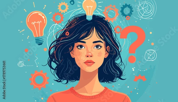Fototapeta Creative young woman experiencing burnout and stress with glowing lightbulbs and question marks indicating ideas and confusion