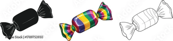 Obraz Candy in silhouette, color and outline wrapped sweet with colorful stripes and dark ends for party decoration