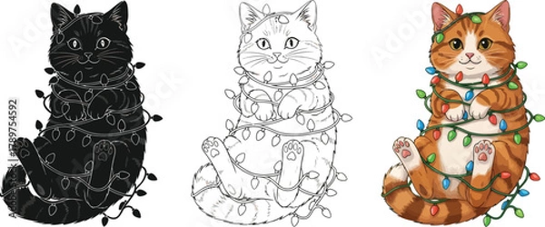 Obraz Three cats in christmas lights in different styles, black silhouette, outline and color version, holiday pet illustration