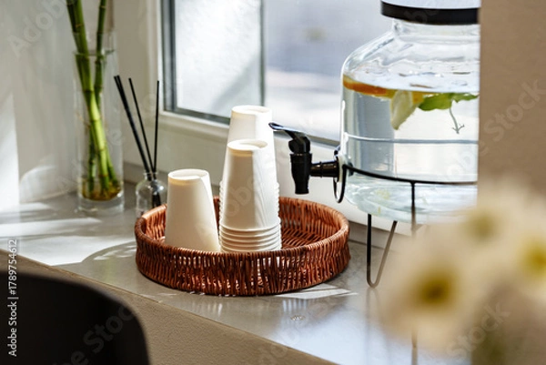 Obraz Coffee cups and water dispenser on a bright windowsill in a cozy cafe setting