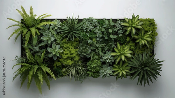 Obraz Lush vertical garden with diverse green plants on a white wall