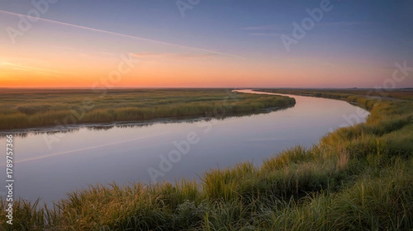 Obraz Sunrise over tranquil winding river through vast grassy wetland