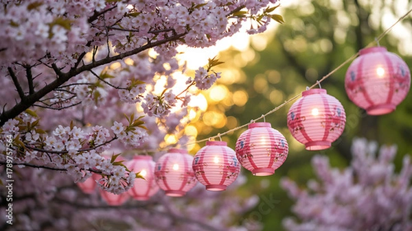 Fototapeta Cherry blossom branches adorned with pink traditional lanterns