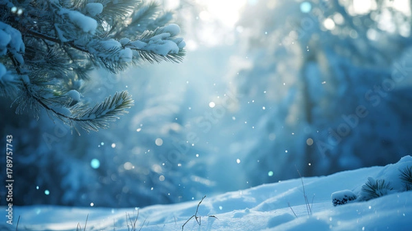 Fototapeta Winter forest bokeh, snow-covered pine branch in gentle sunlight