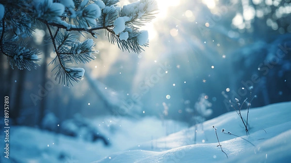Fototapeta Snowy pine branches in a magical sunlit winter forest landscape.
