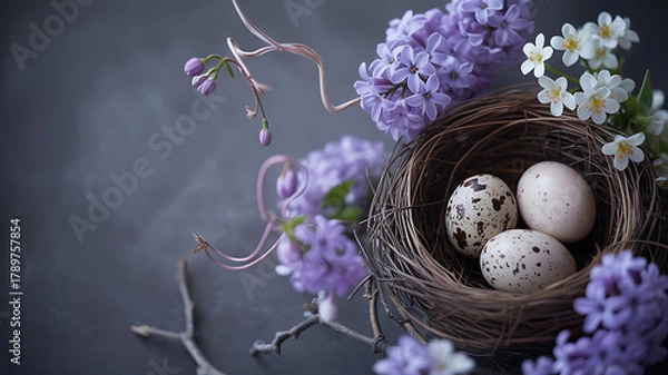 Fototapeta Bird's nest with speckled eggs, purple hyacinths, and spring flowers.