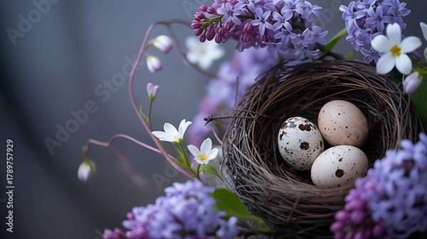 Fototapeta Bird's nest with speckled eggs amidst vibrant spring lilac flowers