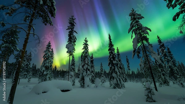 Obraz Aurora borealis vibrant glow above snow-covered winter forest