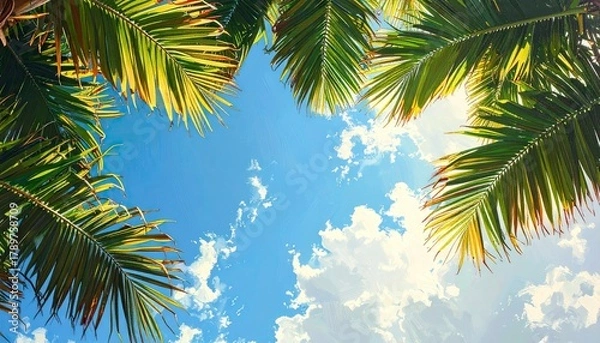 Fototapeta Palm Trees Framing a Bright Blue Sky with Clouds.