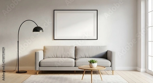 Obraz Interior living room with sofa, arc lamp, coffee table, blank frame