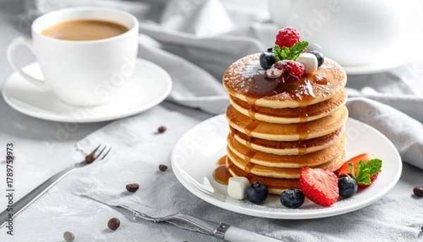 Fototapeta Pancakes with Berries and Coffee - A Delicious Breakfast Still Life.