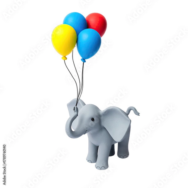Obraz A light gray elephant figurine holding onto colorful balloons with a transparent background