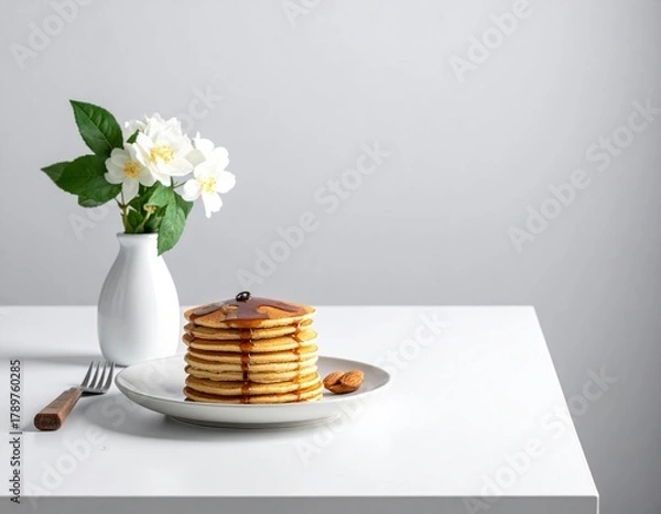 Fototapeta Pancakes with Syrup and Flowers on a White Table.