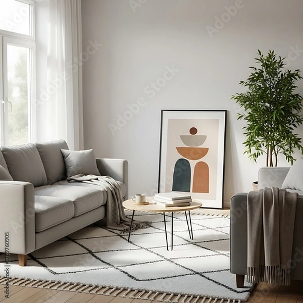Fototapeta Stylish living room with grey sofa, abstract art, and plants.